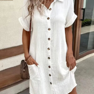 Casual Linen Shirt Dress with Short Sleeves and Pockets