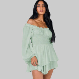Chic Off Shoulder Playsuit with Puff Sleeves and Tiered Skirt