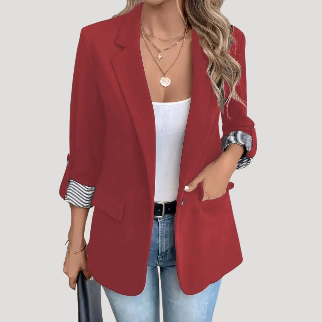 Classic Open Front Blazer with Striped Rolled Cuffs - Image 3