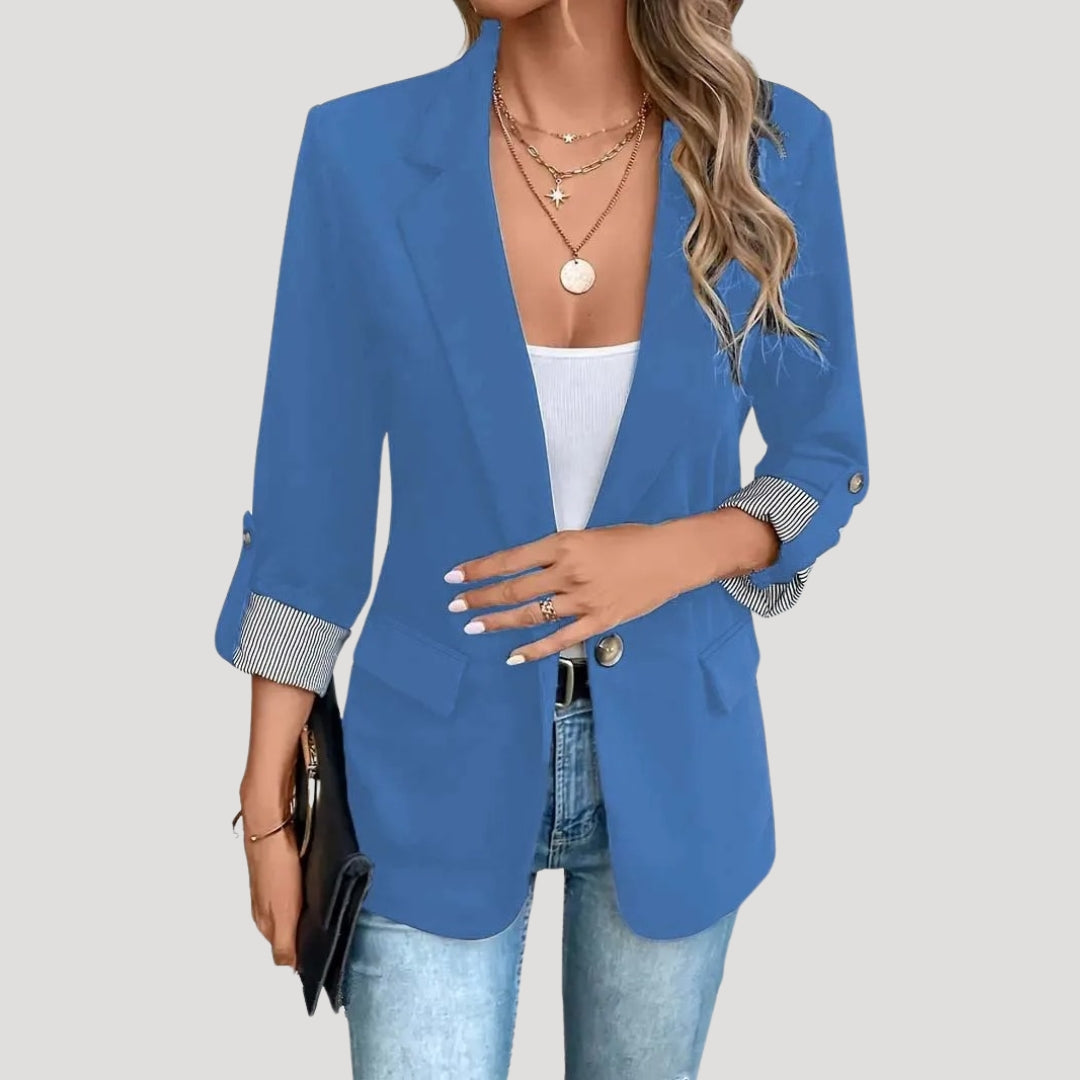 Classic Open Front Blazer with Striped Rolled Cuffs - Image 4