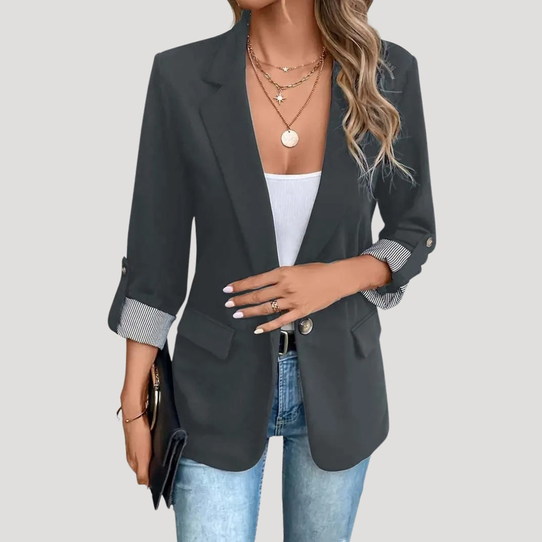 Classic Open Front Blazer with Striped Rolled Cuffs - Image 5