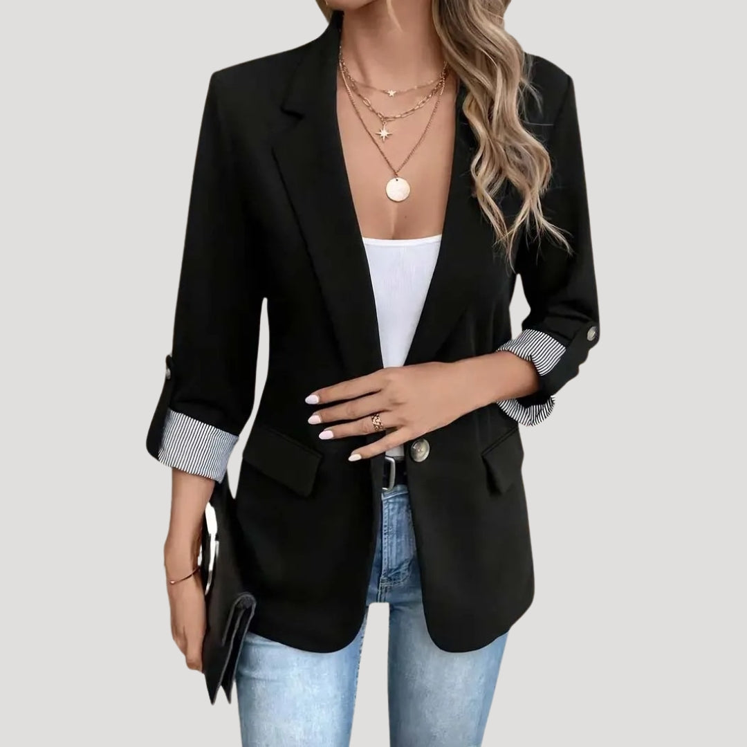 Classic Open Front Blazer with Striped Rolled Cuffs - Image 6