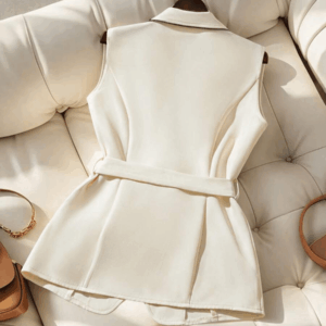 Alternative view of Elegant Sleeveless Blazer Vest with Belt and Black Trim