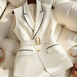 Elegant Sleeveless Blazer Vest with Belt and Black Trim