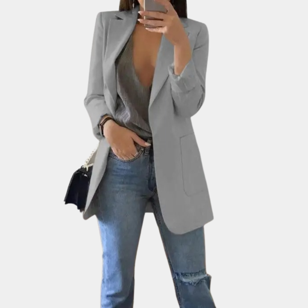 Longline Open Front Blazer with Notch Lapels and Side Pockets - Image 3