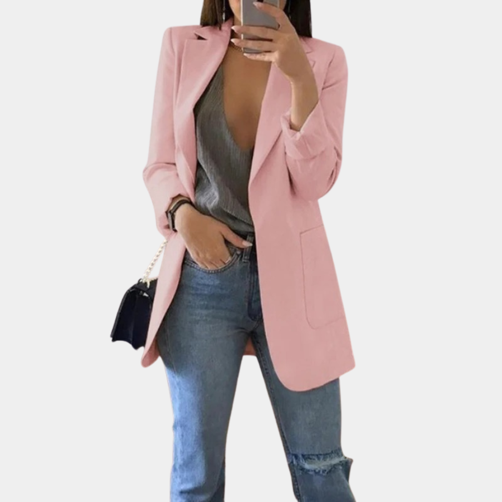Longline Open Front Blazer with Notch Lapels and Side Pockets - Image 5