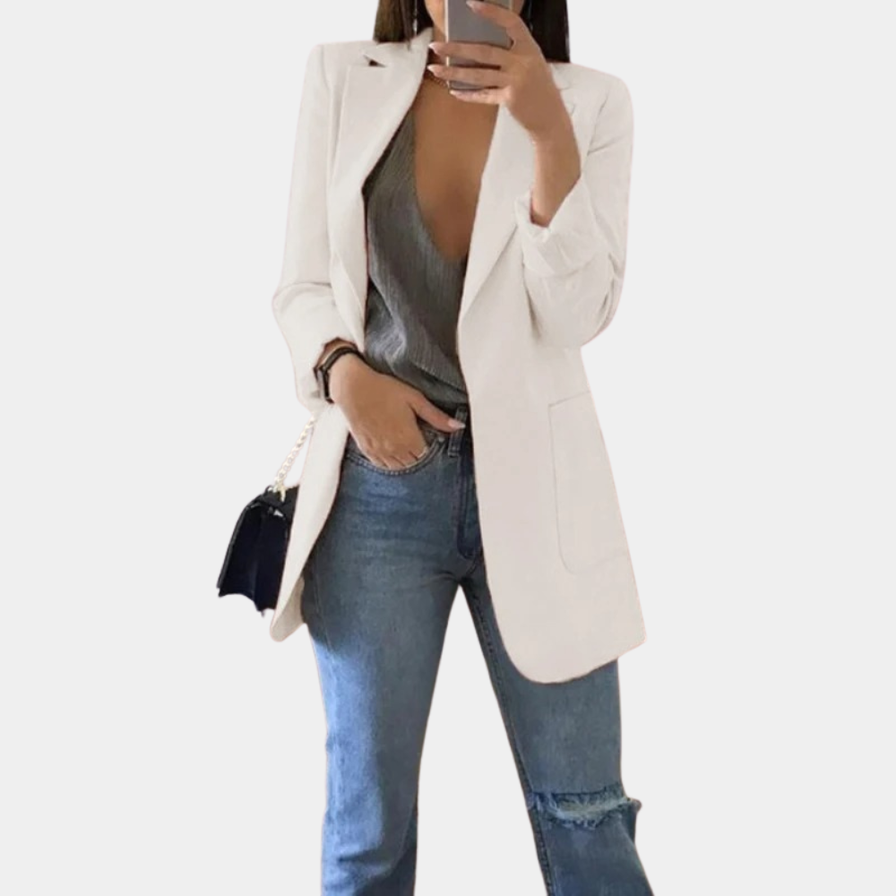 Longline Open Front Blazer with Notch Lapels and Side Pockets - Image 6