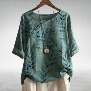 Alternative view of Relaxed Floral Print Linen Top with Round Neck and Short Sleeves