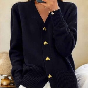 Alternative view of Soft Knit Cardigan with V-Neckline and Gold Heart Buttons