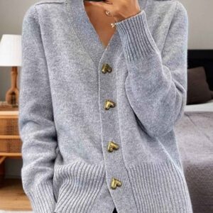Soft Knit Cardigan with V-Neckline and Gold Heart Buttons