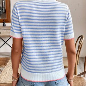 Alternative view of Striped Cropped Knit Top with Contrast Trim and Round Neck