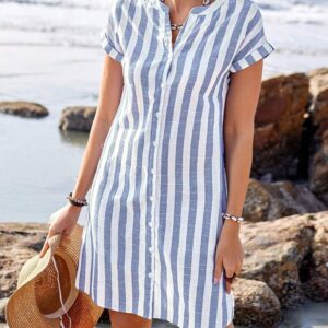 Striped Linen Shirt Dress with Button-Up Front and Short Sleeves