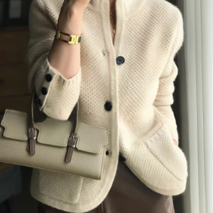 Alternative view of Textured Knit Cardigan with Stand Collar and Front Pockets