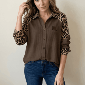 Alternative view of Waffle Knit Shirt with Leopard Print Contrast Sleeves