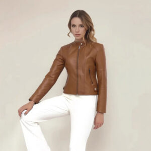 Womens Fashionable Short Washed-leather Zip-up Jacket