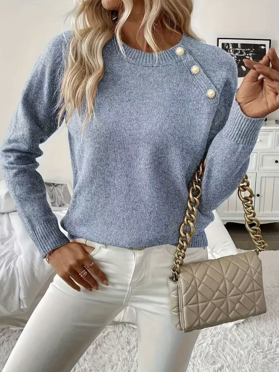 Womens Relaxed-fit Crew-neck Knit Sweater - Image 5