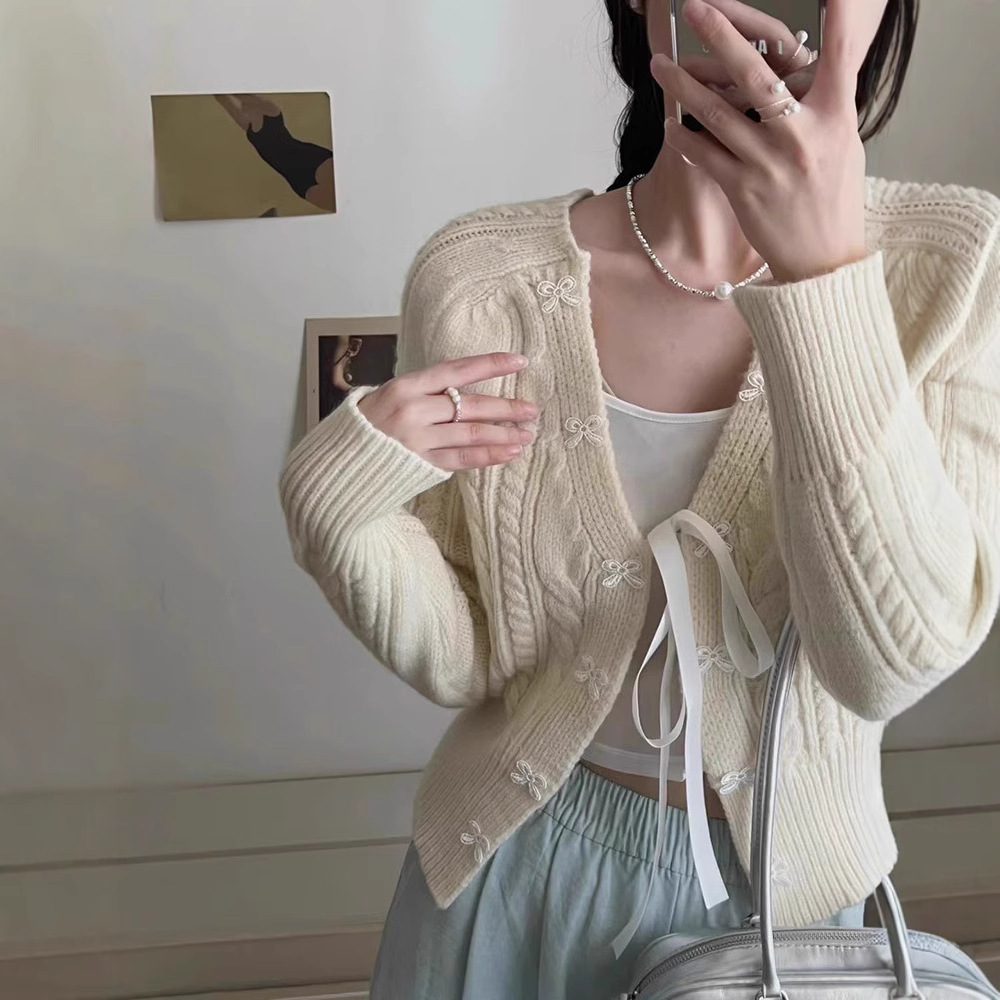 Bow-knot Knitted Cardigan Womens Sweater Coat - Image 3
